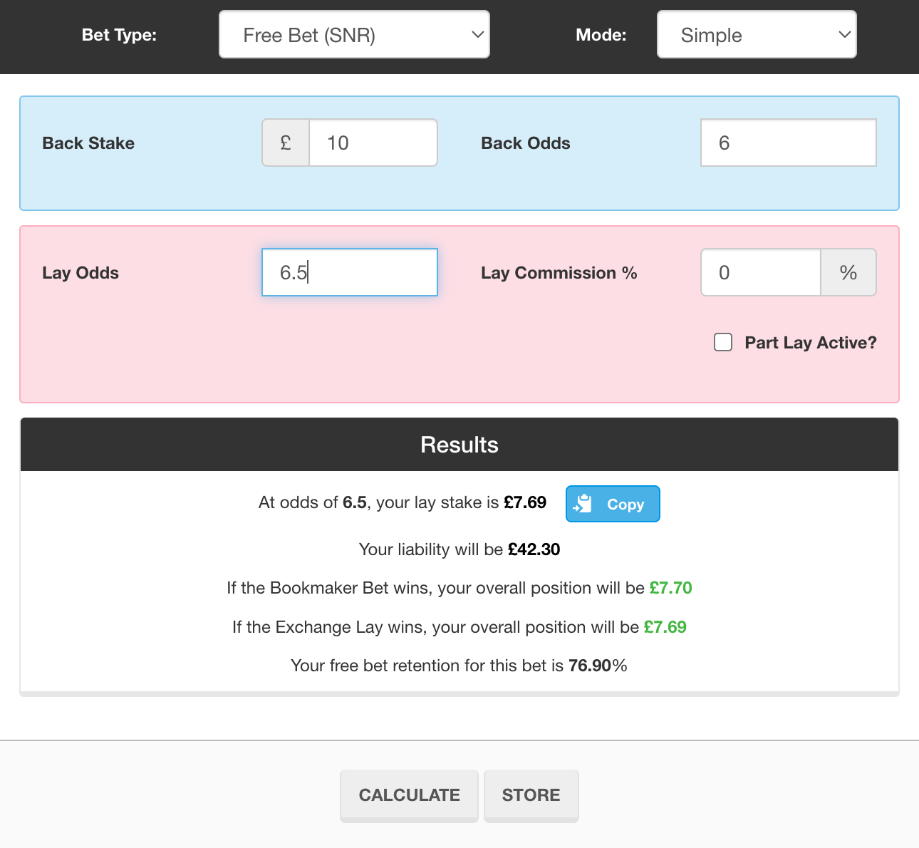 Matched betting calculator showing profit for a £10 free bet